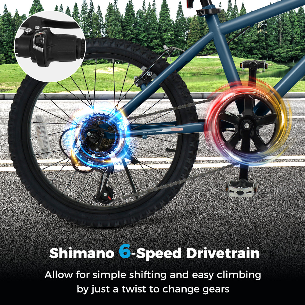 Shimano 6-speed drivetrain on the Kids Mountain Bike allows easy gear changes for smooth rides on various terrains.