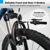 Close-up of the front V-brake on a navy 20-inch kids mountain bike, featuring dual brakes for secure stopping power.