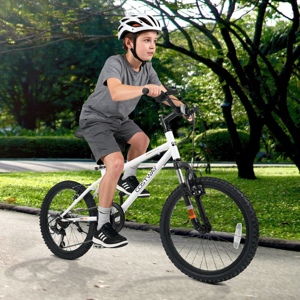 Kids mountain bike in white with 20-inch wheels, adjustable saddle, and dual V-brakes for safe riding on various.