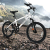 Kids mountain bike in white, 20-inch size, featuring a suspension fork and large pneumatic tires for smooth rides.