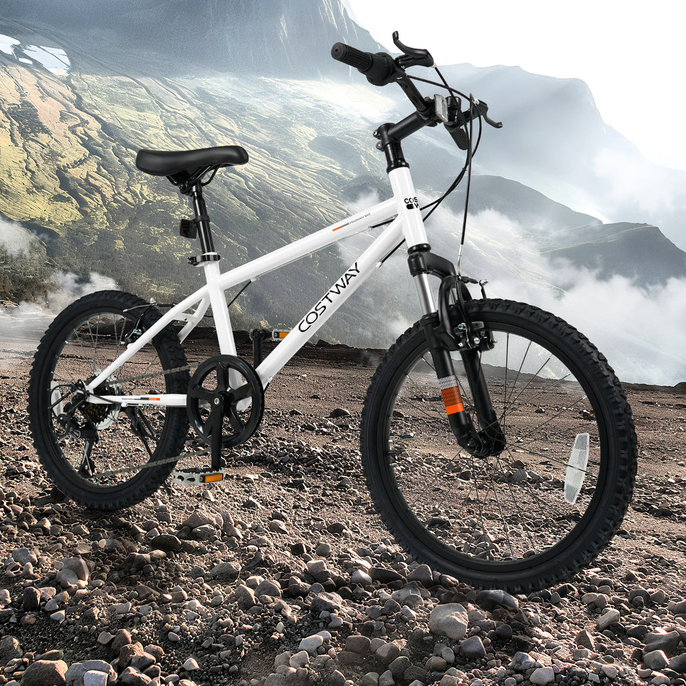 Kids mountain bike in white, 20-inch size, featuring a suspension fork and large pneumatic tires for smooth rides.