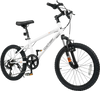 Kids mountain bike in white with 20-inch wheels, adjustable saddle, and dual V-brakes for safe riding.