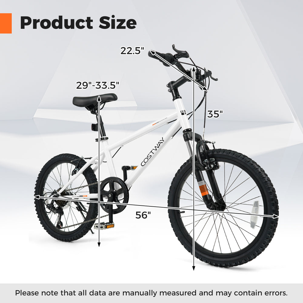 Kids mountain bike size chart showing dimensions for 20-inch model, ideal for children aged 8+ years.