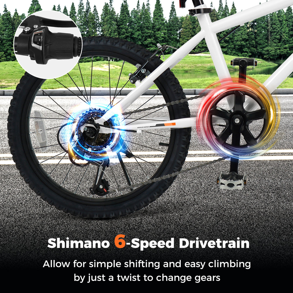 Shimano 6-speed drivetrain on a kids mountain bike, allowing easy gear changes for various terrains and smooth rides.