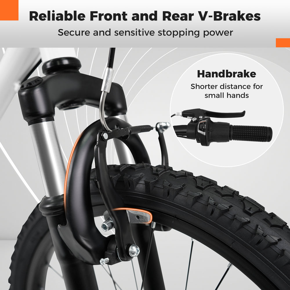 Close-up of the dual V-brakes on a kids mountain bike, featuring a handbrake designed for small hands for safe stopping.