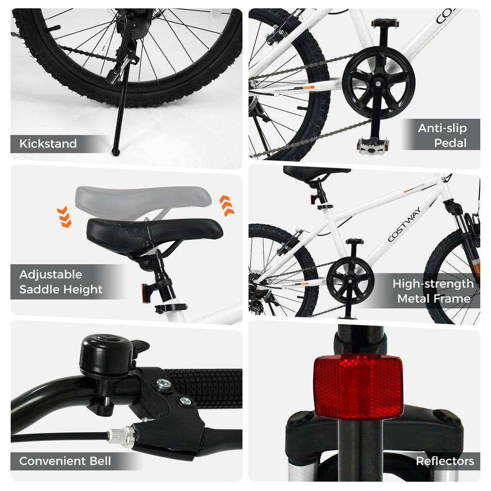 Kids mountain bike features adjustable saddle height, anti-slip pedal, and convenient bell for safe rides.