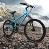 Kids mountain bike in blue with 20-inch wheels, adjustable saddle, and suspension fork for smooth rides on various.
