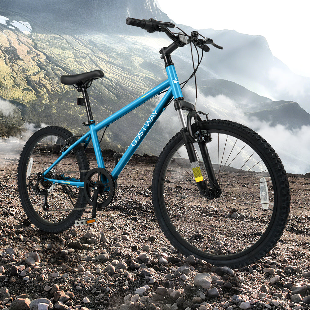 Kids mountain bike in blue with 20-inch wheels, adjustable saddle, and suspension fork for smooth rides on various.