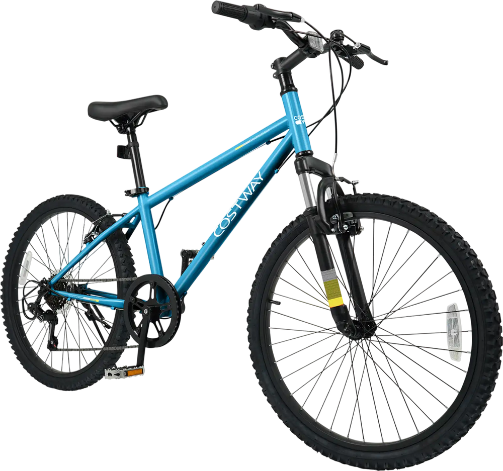 Kids mountain bike in blue showcasing a sleek frame and large pneumatic tires, perfect for tackling diverse terrains.