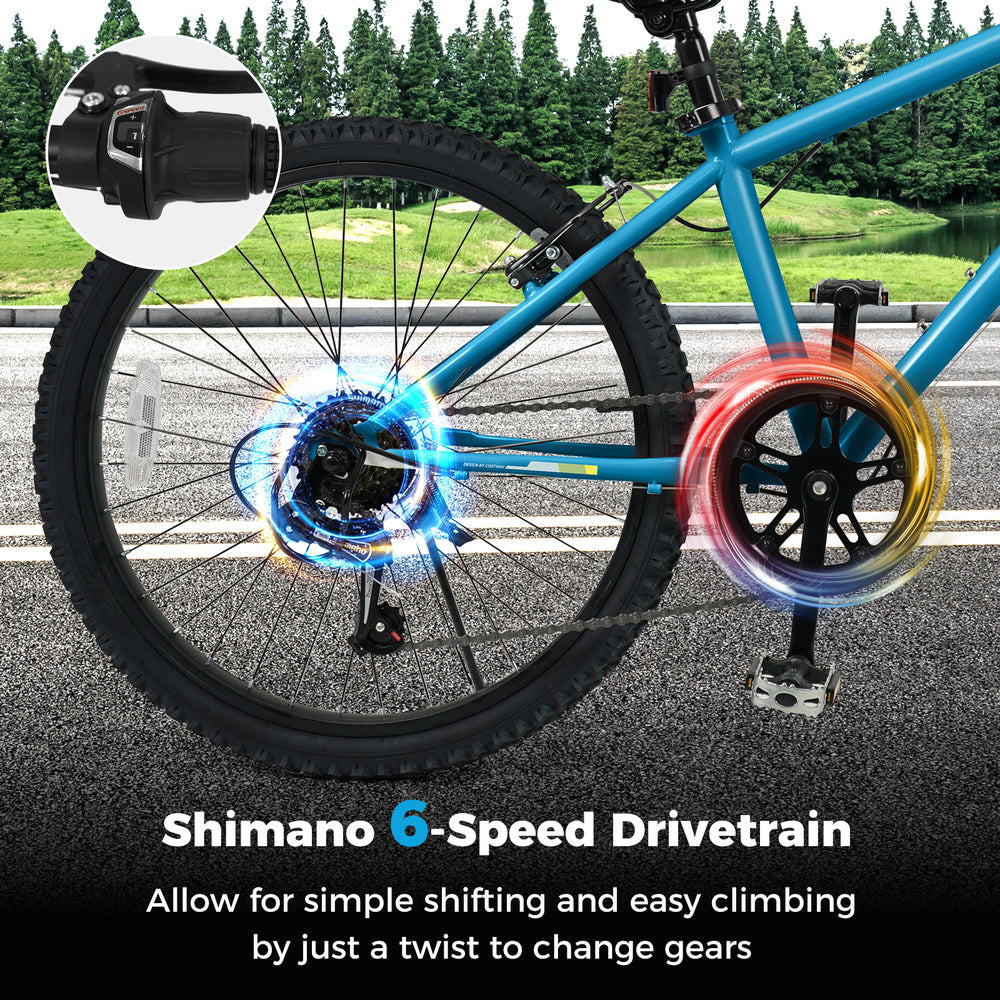 Shimano 6-speed drivetrain on a blue kids mountain bike, enabling easy gear changes for various terrains.