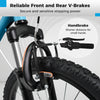 Close-up of the dual V-brakes on a blue kids mountain bike, featuring a handbrake designed for small hands.