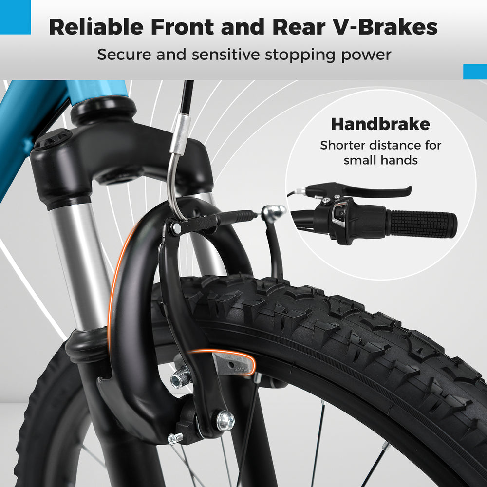 Close-up of the dual V-brakes on a blue kids mountain bike, featuring a handbrake designed for small hands.