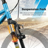 Kids mountain bike with a blue suspension fork for shock absorption, ensuring a smooth ride on rough terrains.