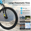 Large pneumatic tires on a kids mountain bike, non-slip and wear-resistant, designed for various terrains like gravel.