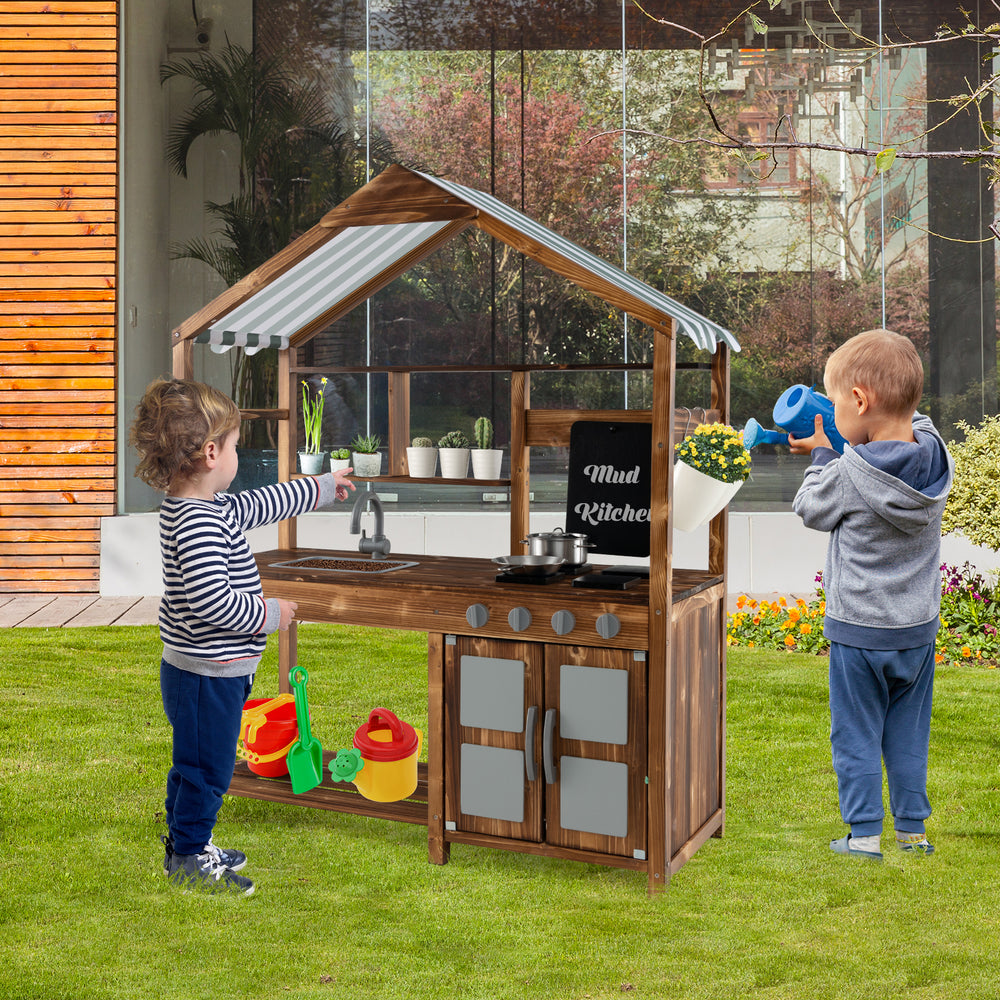 Kid's outdoor mud kitchen made of solid fir wood with canopy, featuring a sink, stove, and chalkboard for imaginative.
