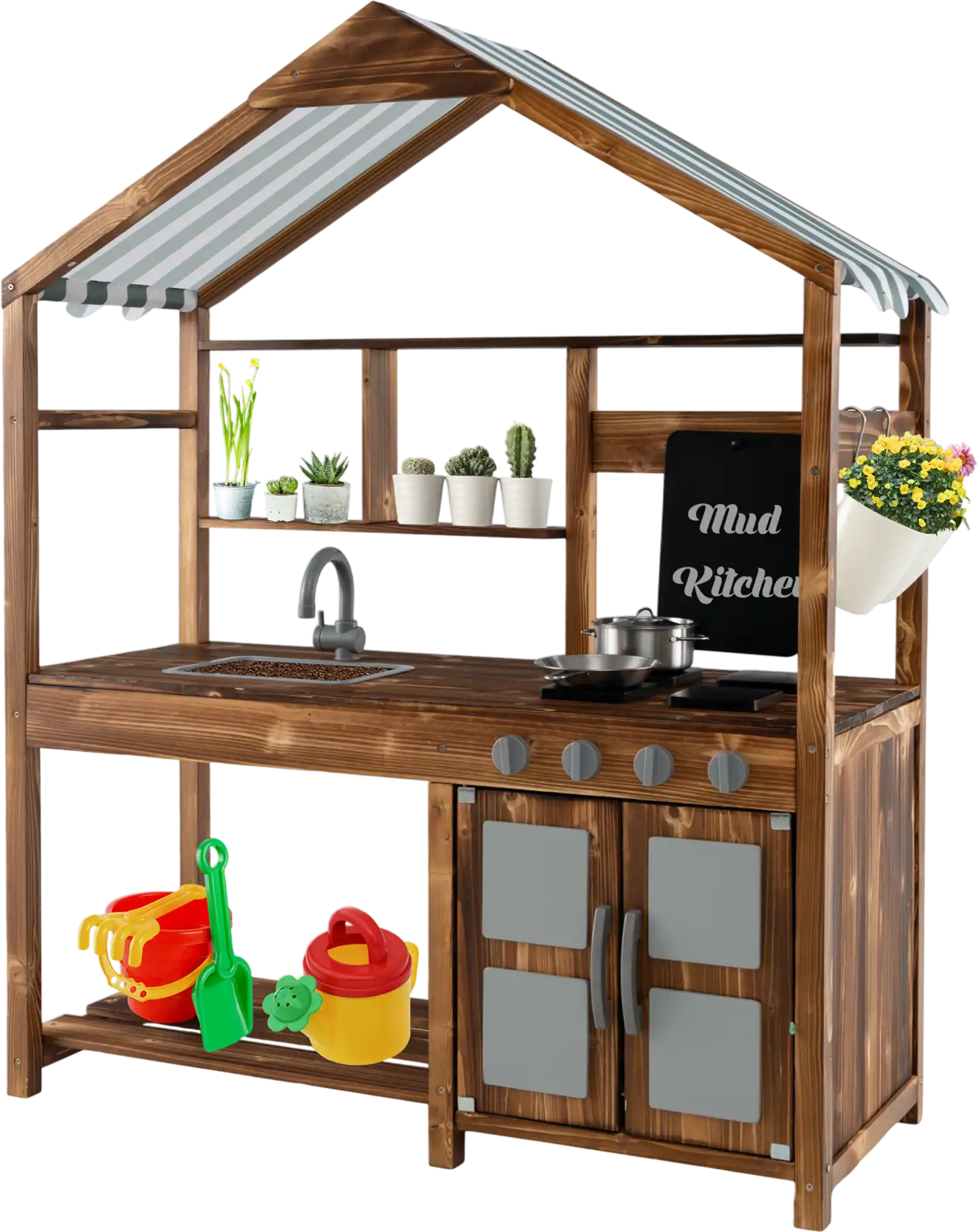 Costway Kids Outdoor Solid Wood Mud Kitchen Playset with Canopy 72389561 New