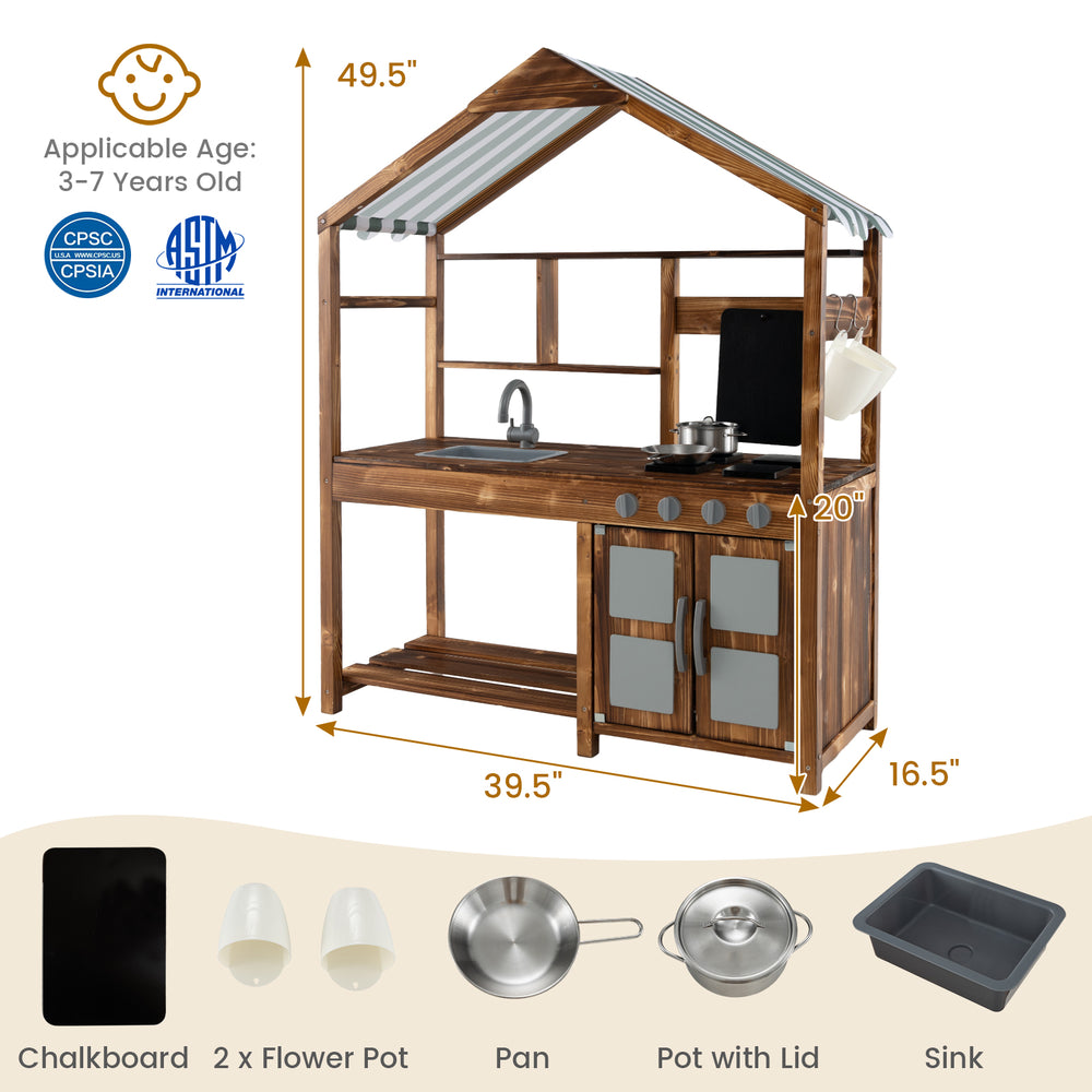Kid's outdoor mud kitchen in natural wood with canopy, sink, stove, and chalkboard for imaginative play and.