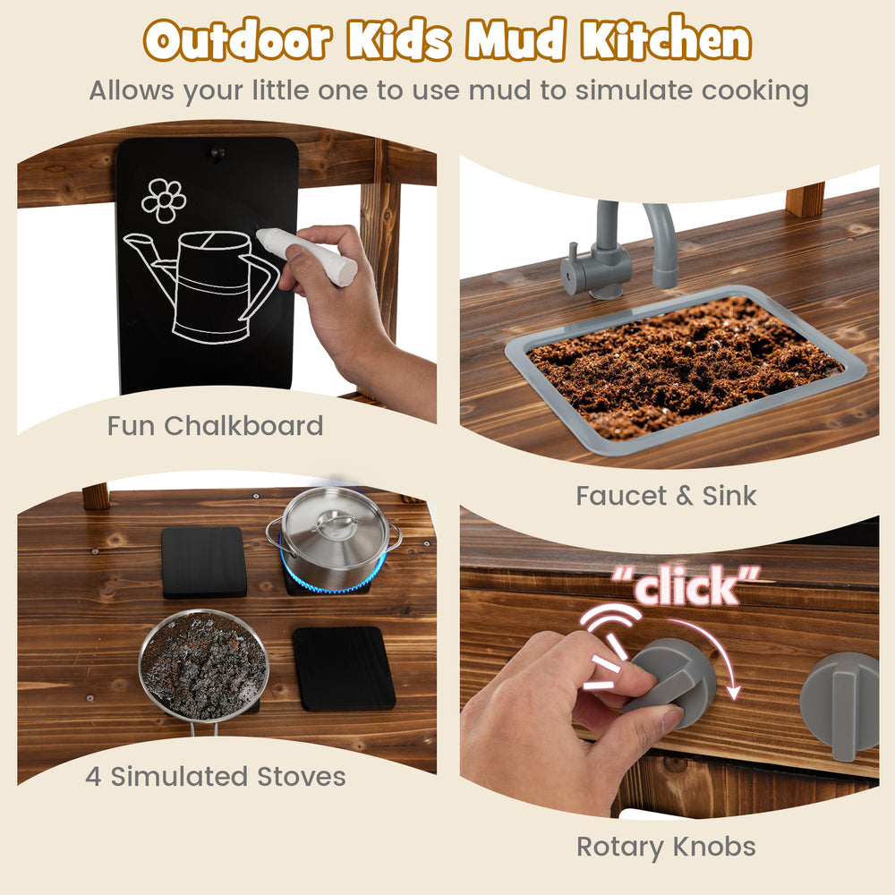 Kid's outdoor mud kitchen featuring a faucet, sink, and fun chalkboard for imaginative play and creativity.