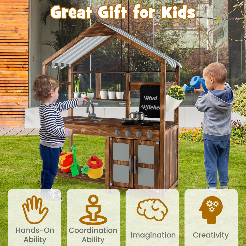 Kid's outdoor mud kitchen made of solid fir wood with canopy, featuring sink, stoves, and chalkboard for imaginative.
