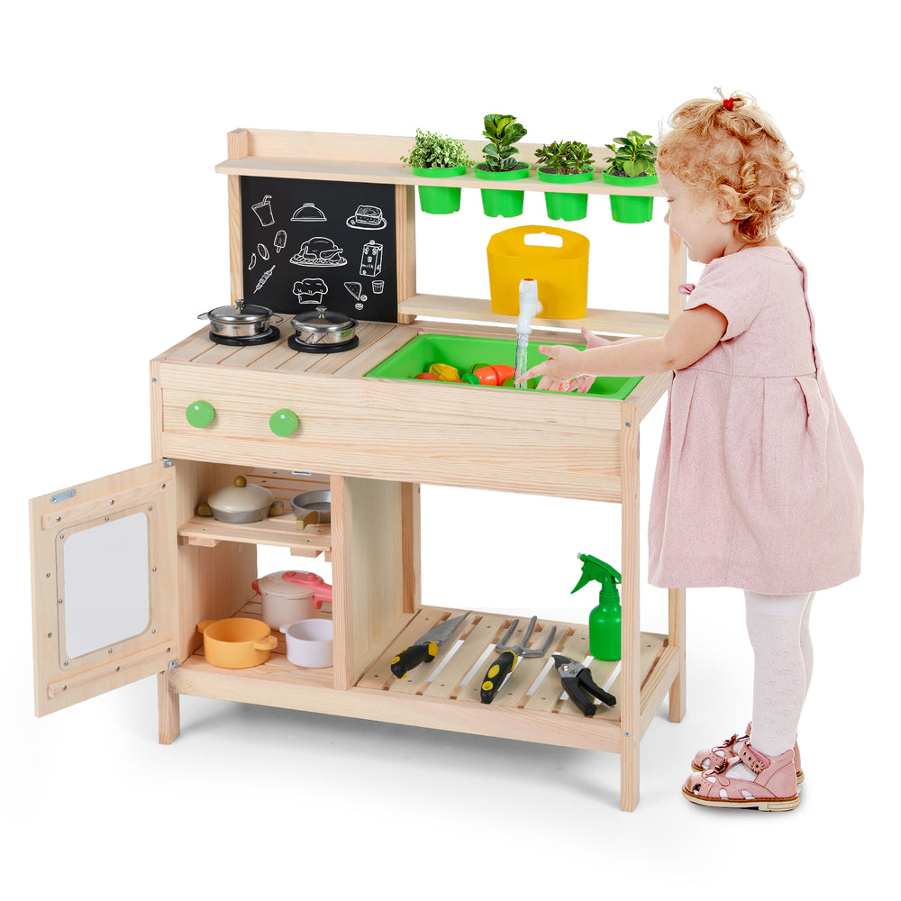 Kids mud kitchen playset with chalkboard, sink, and stainless steel utensils for imaginative cooking fun.