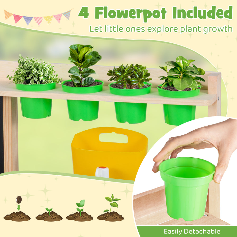 Four green flowerpots included with the kids mud kitchen, perfect for exploring plant growth and sensory play.