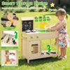 Kids mud kitchen playset made of solid pine wood with a chalkboard, sink, and open shelf for organized play.