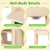 Detail of the kids mud kitchen showing rounded corners, sturdy legs, and a convenient handle for safe play.