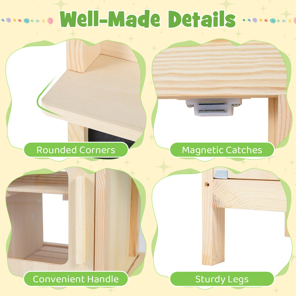 Detail of the kids mud kitchen showing rounded corners, sturdy legs, and a convenient handle for safe play.
