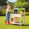Kids mud kitchen playset with chalkboard, stainless steel utensils, and flowerpots for imaginative outdoor cooking fun.