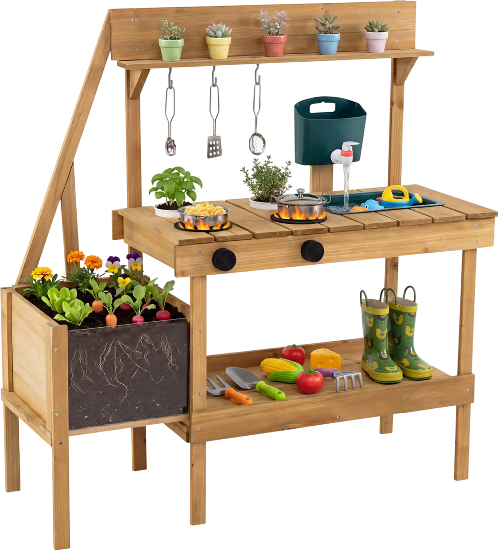 Wooden play kitchen with planter box, stoves, sink, and accessories for outdoor pretend play and sensory exploration.