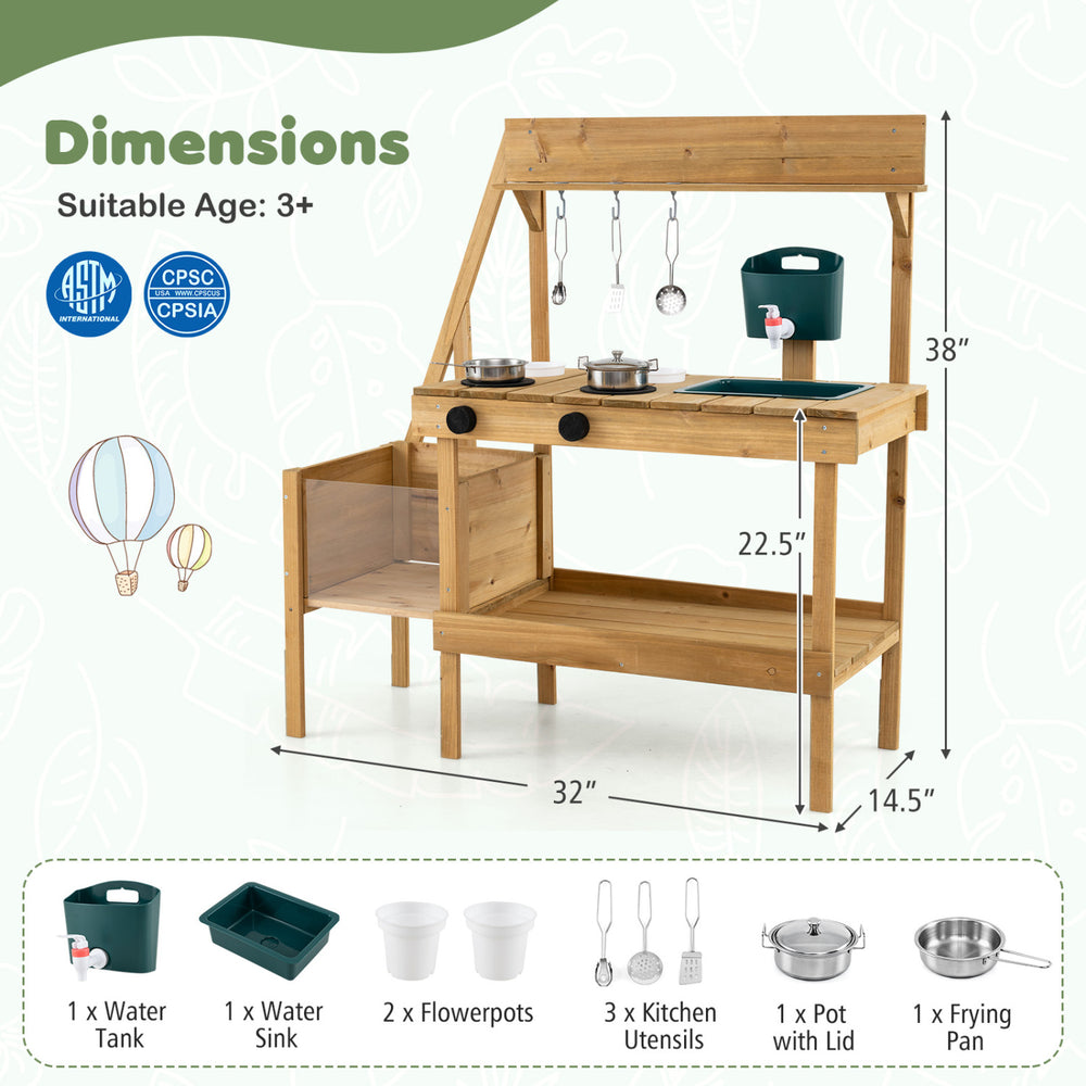 Wooden play kitchen with planter box, water tank, sink, and 9 accessories for outdoor pretend play for toddlers aged 3+.