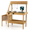 Wooden play kitchen with stoves, sink, and planter box, designed for outdoor pretend play for toddlers aged 3+.