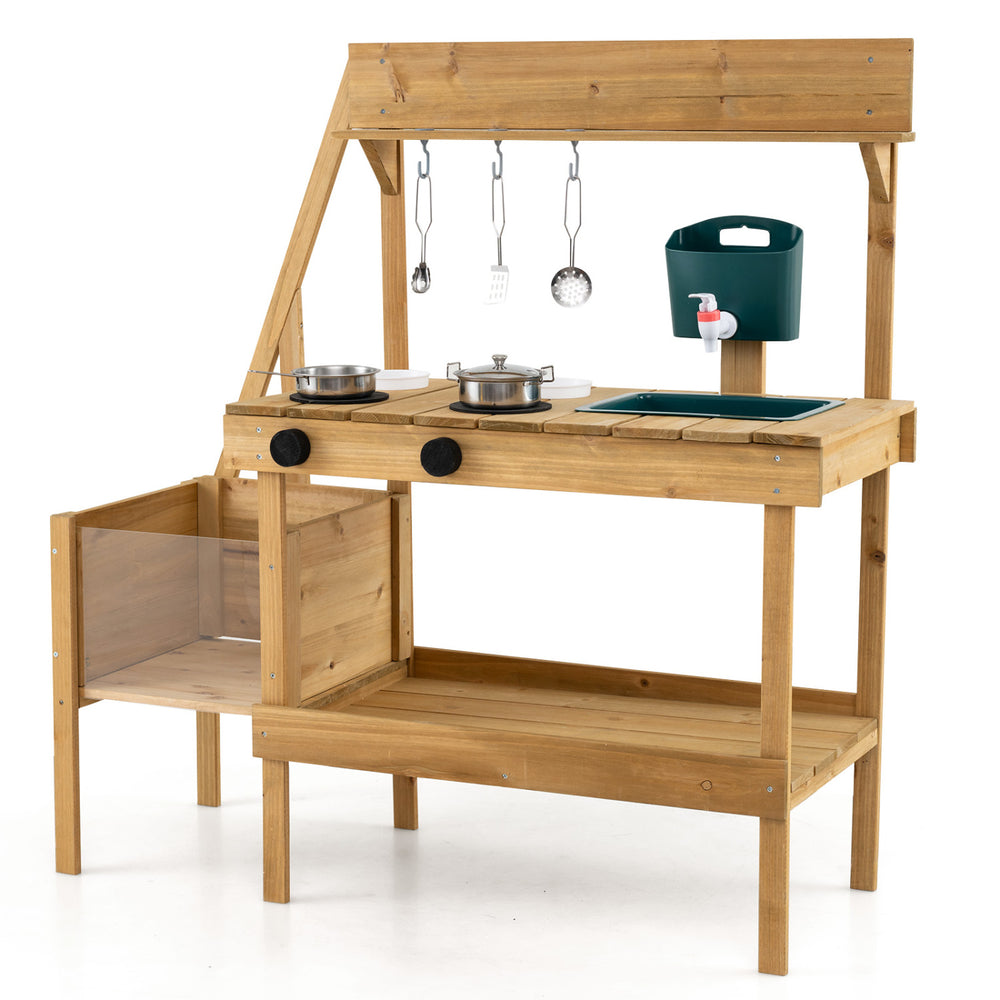 Wooden play kitchen with stoves, sink, and planter box, designed for outdoor pretend play for toddlers aged 3+.