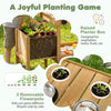 Wooden play kitchen with raised planter box, removable flowerpots, and stoves for outdoor imaginative play.
