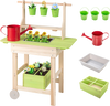 Kids mud kitchen features a removable planting trough, three metal flowerpots, and a cute watering can for imaginative play.