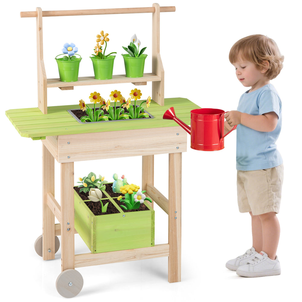 Kids mud kitchen with removable pots, planting trough, and a cute watering can for imaginative outdoor play.