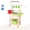 Kids mud kitchen with removable pots, watering can, and storage box, made of solid fir wood for outdoor play.