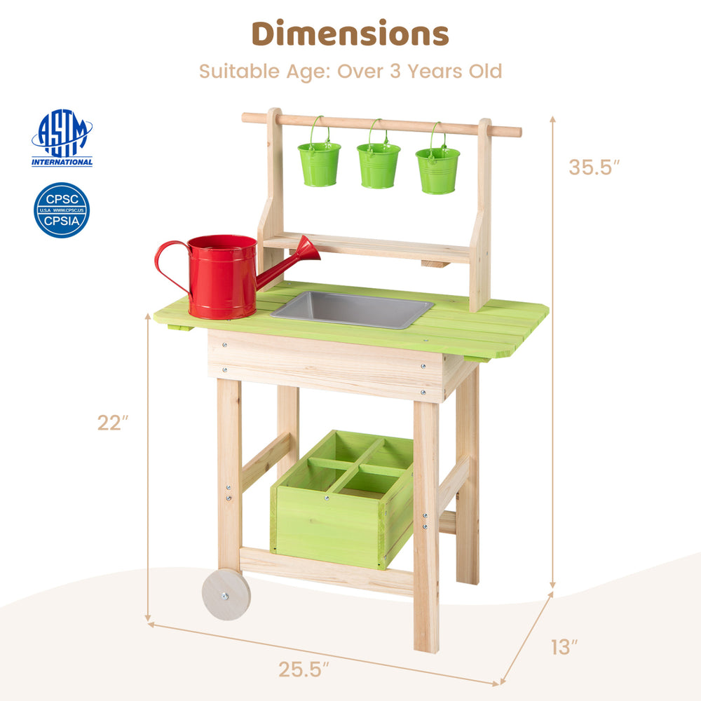 Kids mud kitchen with removable pots, watering can, and storage box, made of solid fir wood for outdoor play.