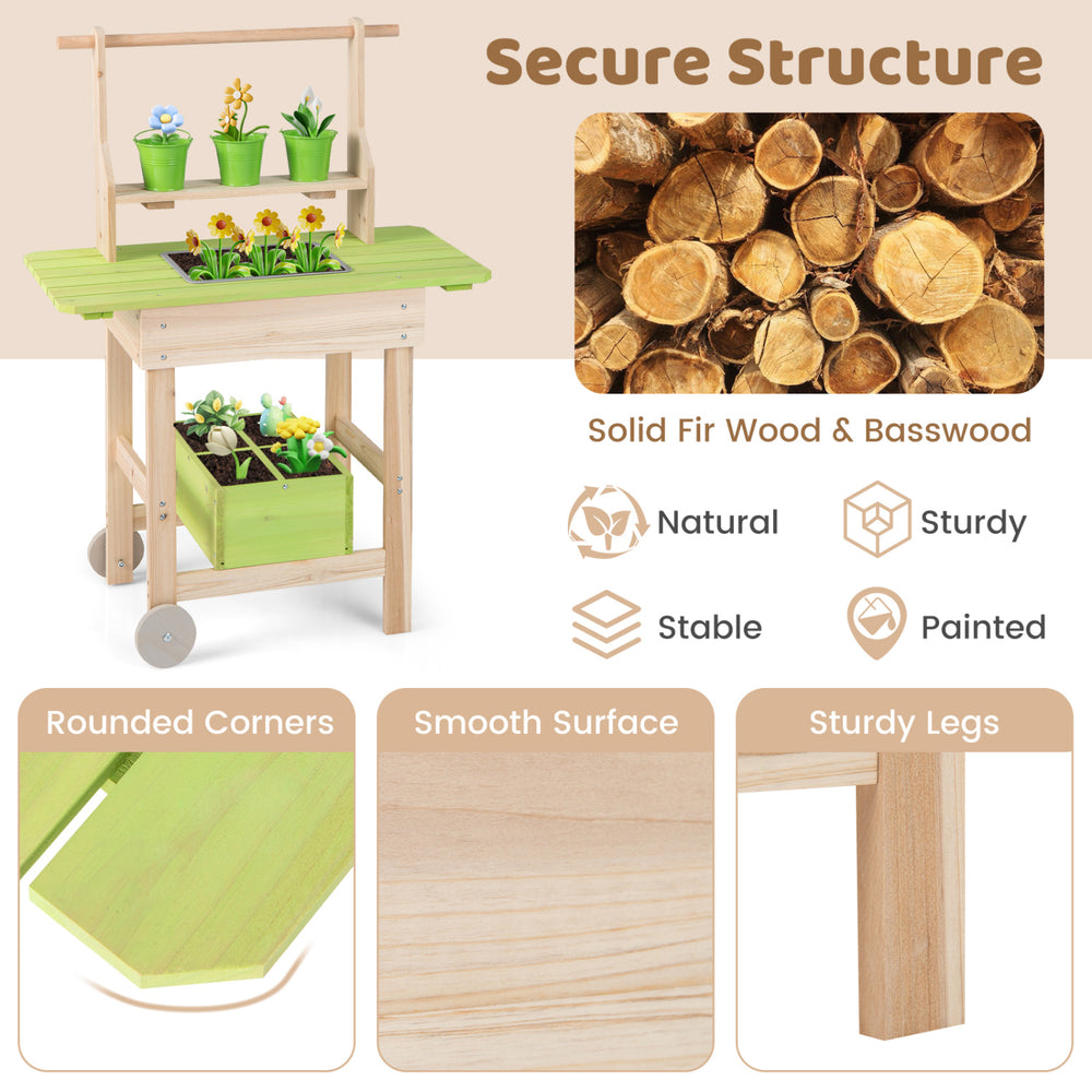 Kids mud kitchen made of solid fir wood and basswood features removable pots and a planting trough for outdoor fun.