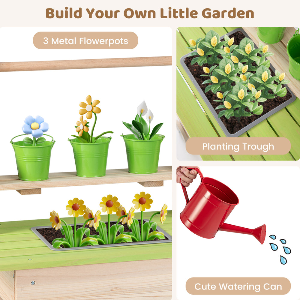 Kids mud kitchen featuring 3 metal flowerpots, a planting trough, and a cute red watering can for imaginative play.