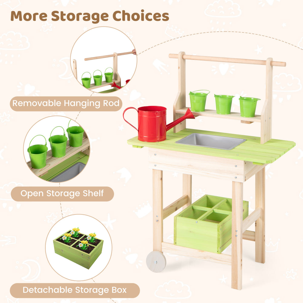 Kids mud kitchen featuring a removable hanging rod, planting trough, and detachable storage box for outdoor play.