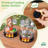 Kids mud kitchen featuring 2 simulated stoves, clicking knobs, and 15 accessories for imaginative play and sensory exploration.