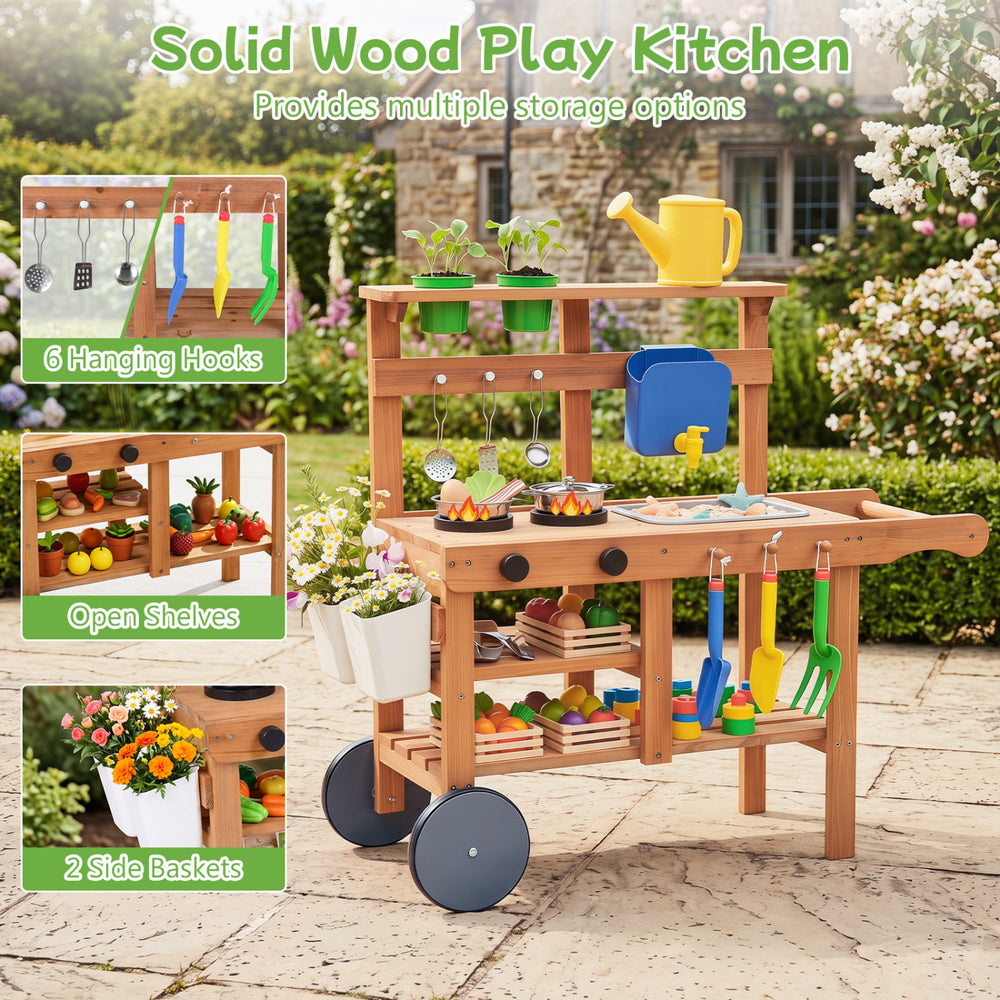 Kids mud kitchen made of solid wood features a removable water tank, sink, and 15 accessories for imaginative play.