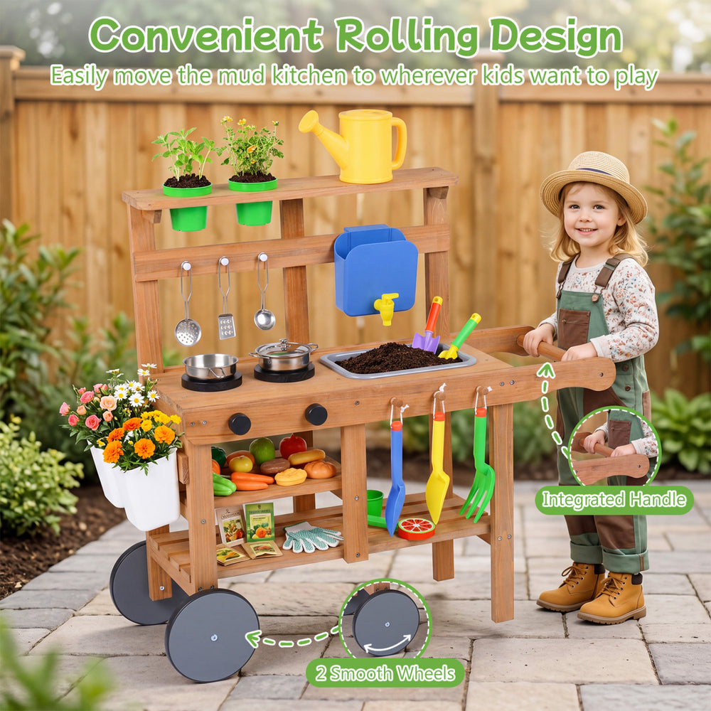 Kids mud kitchen with water tank, sink, and 15 accessories, featuring a convenient rolling design for easy movement.