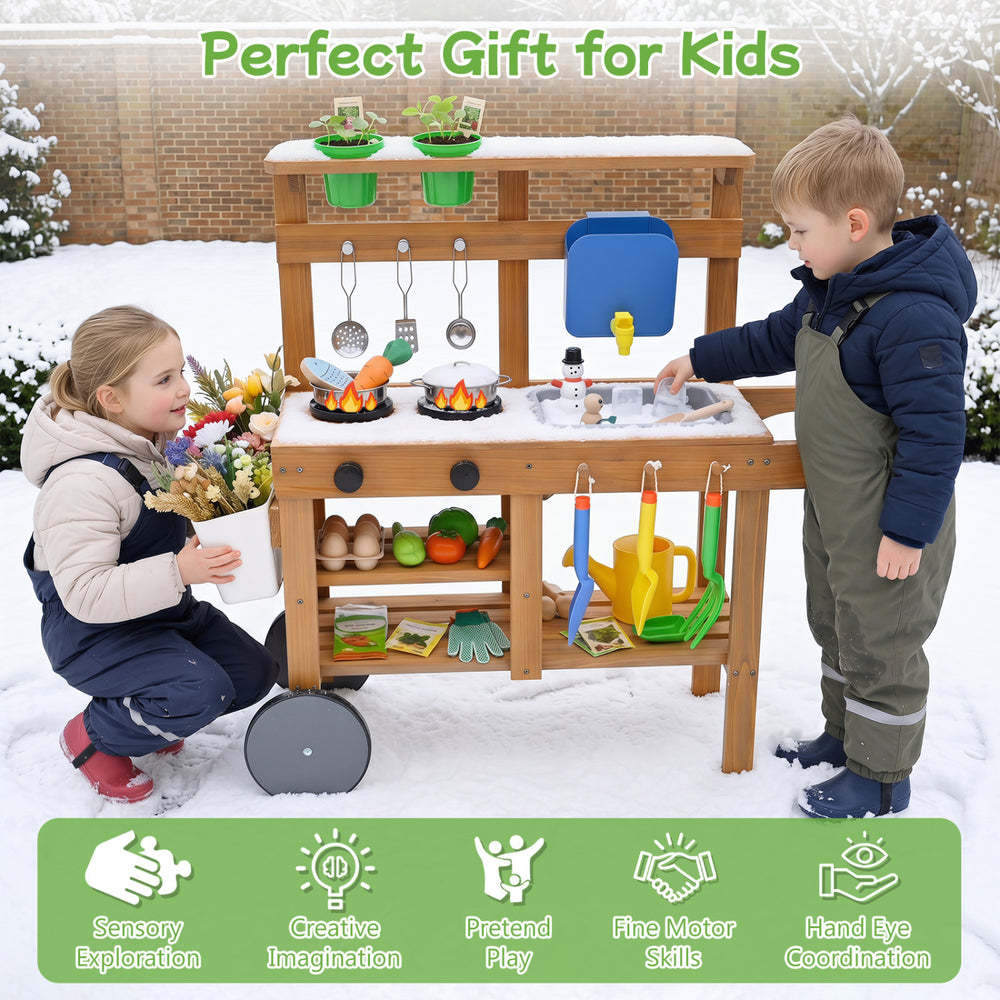 Kids mud kitchen with water tank, sink, and 15 accessories for hands-on play, enhancing sensory exploration and creativity.