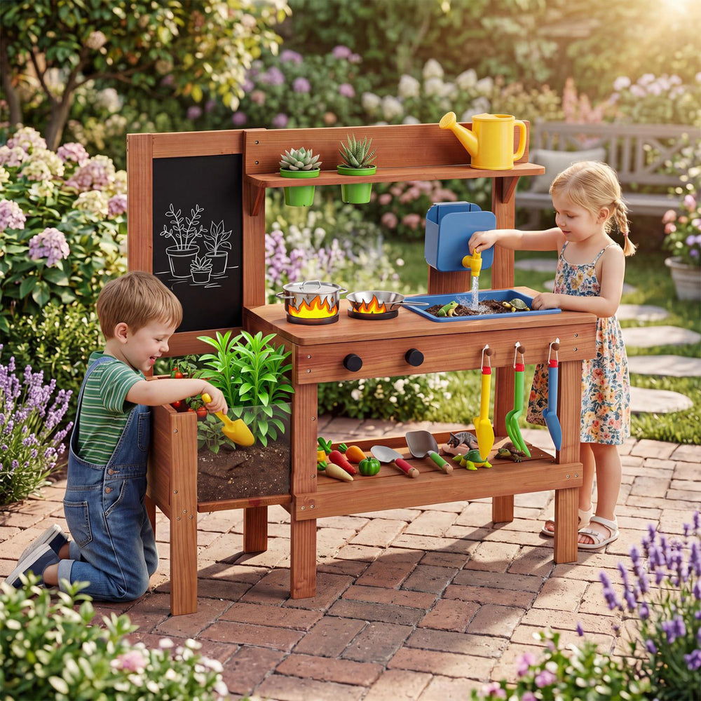 Kids mud kitchen with two simulated stoves, water tank, and removable flowerpots for hands-on outdoor gardening fun.