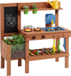Kids mud kitchen with planter box, sink, and 13 accessories for outdoor play and gardening fun for ages 3+.