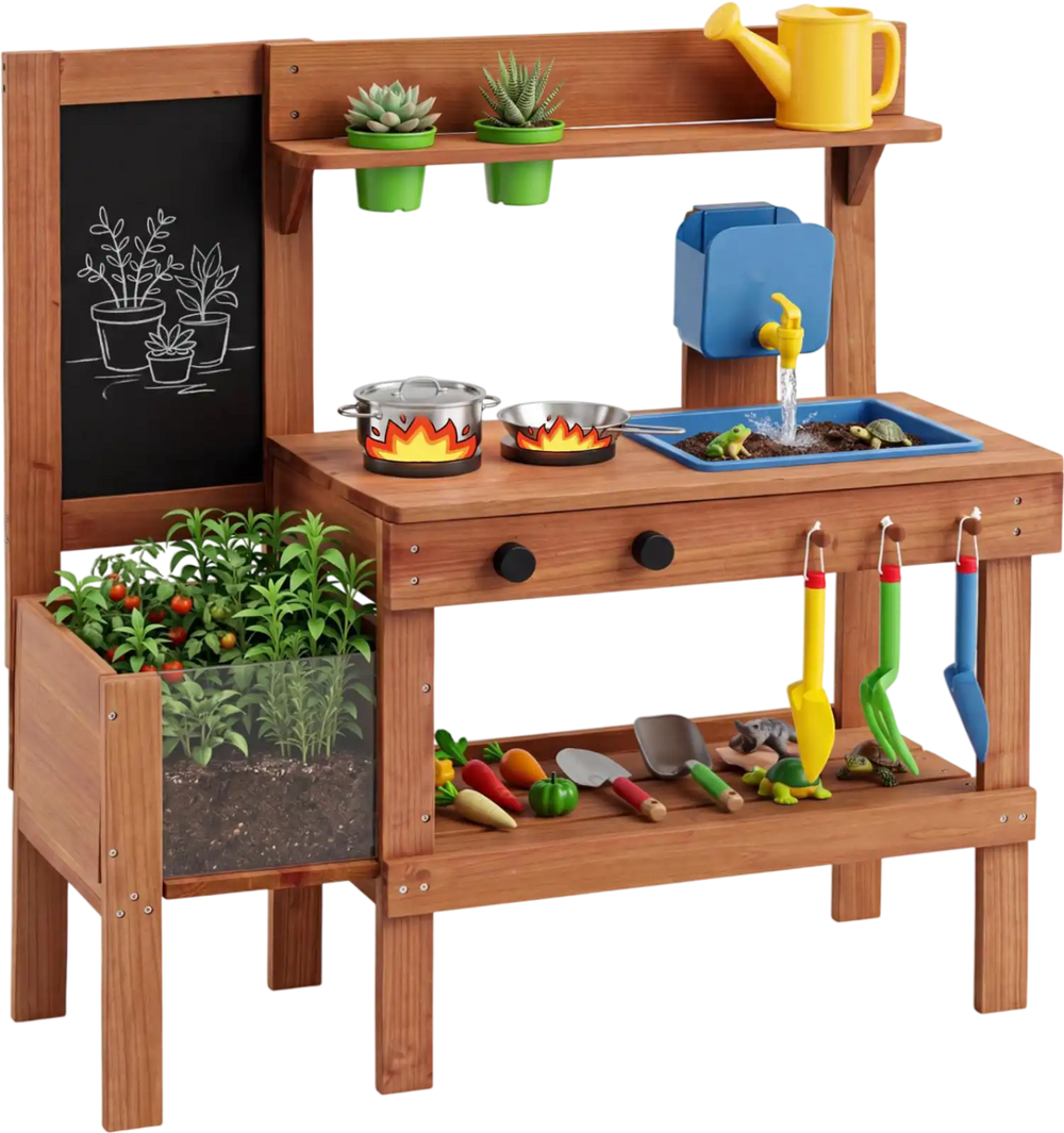 Kids mud kitchen with planter box, sink, and 13 accessories for outdoor play and gardening fun for ages 3+.
