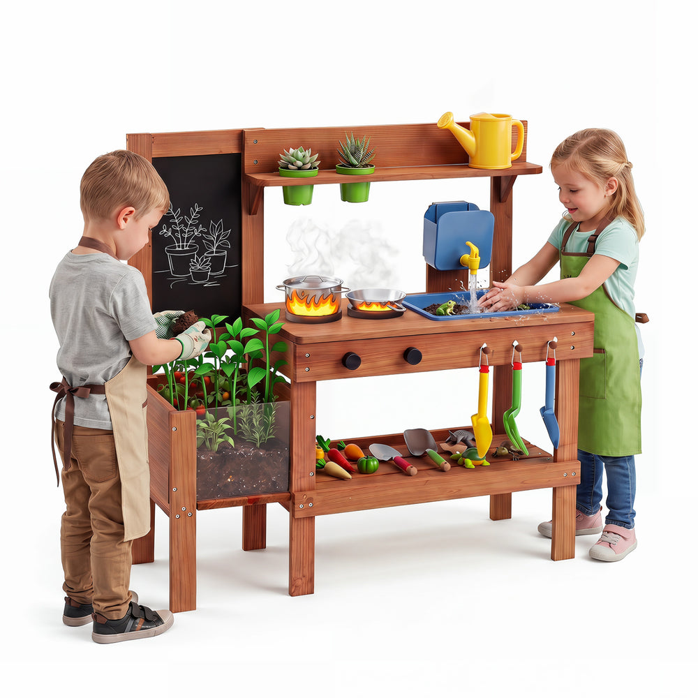 Kids mud kitchen featuring a planter box, sink, and 13 accessories for outdoor play and gardening fun.