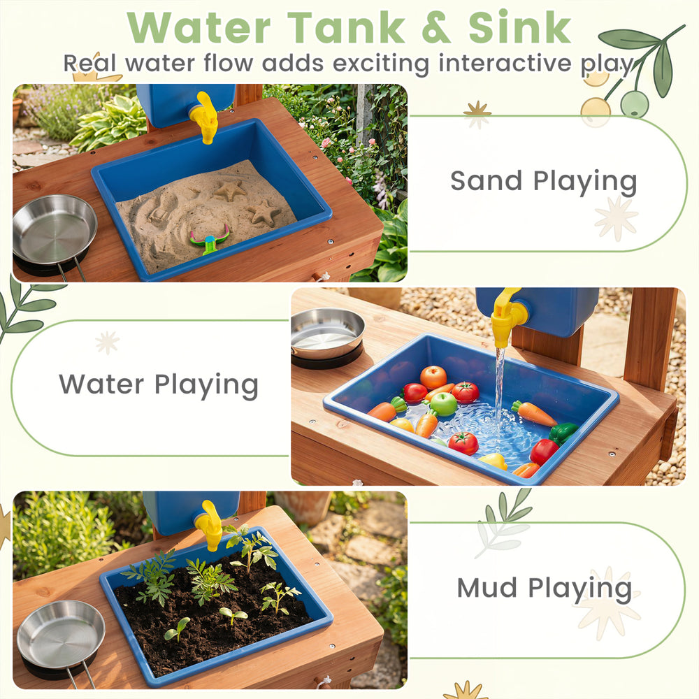 Kids mud kitchen featuring a water tank and sink for sand, water, and mud play, designed for ages 3 and up.